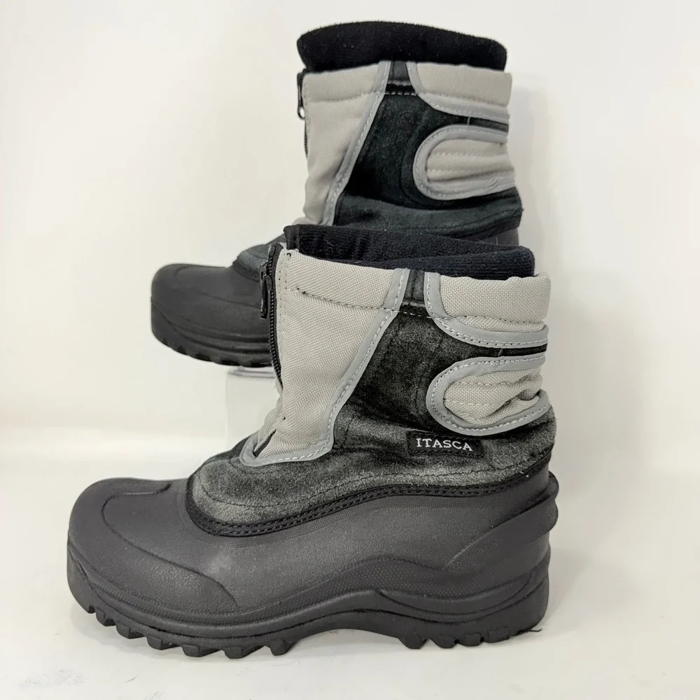 Itasca Kids Grey Black Leather Zip Front Snow Boots 806840 Size 3